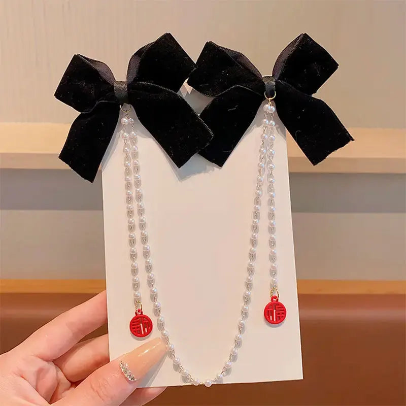 Sweet Princess Style Pink Pearls Chain Bow Hair Clip - Image 14