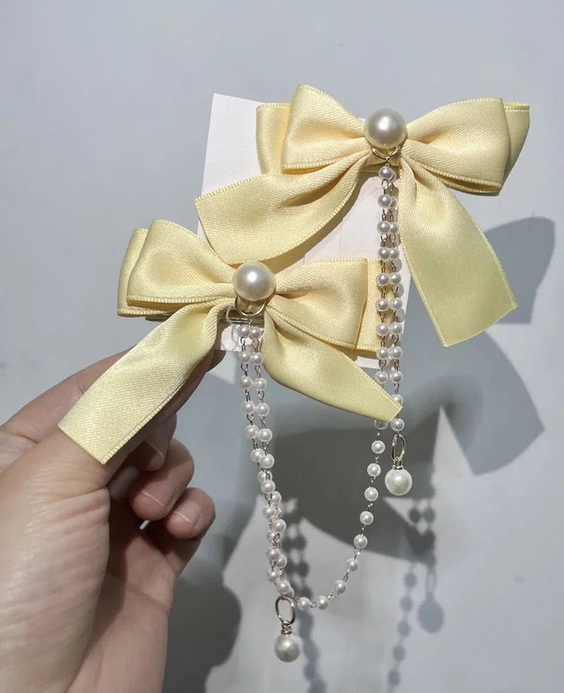 Sweet Princess Style Pink Pearls Chain Bow Hair Clip - Image 9