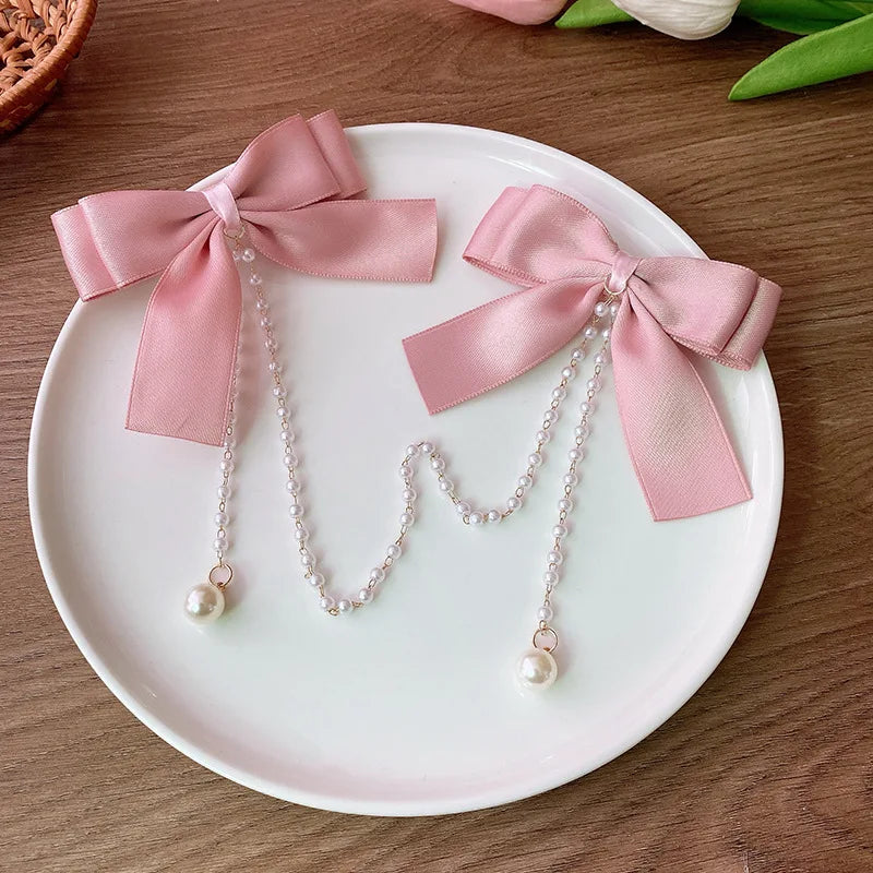 Sweet Princess Style Pink Pearls Chain Bow Hair Clip - Image 2