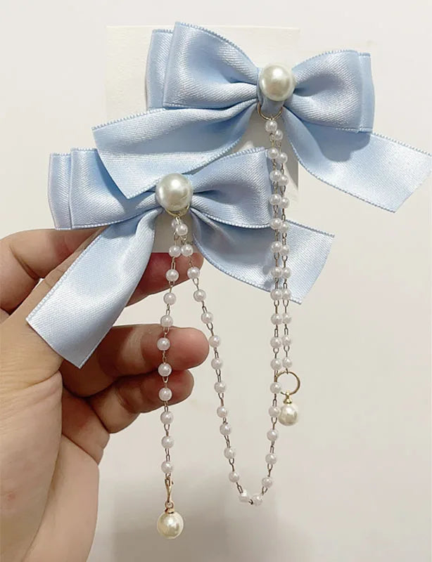 Sweet Princess Style Pink Pearls Chain Bow Hair Clip - Image 7