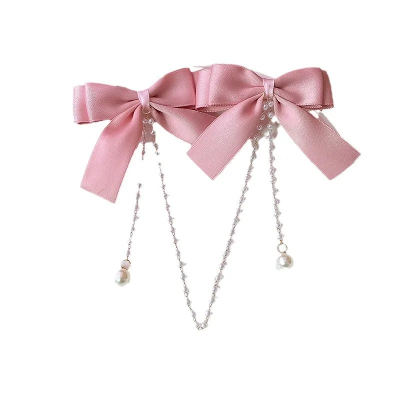 Sweet Princess Style Pink Pearls Chain Bow Hair Clip - Image 5