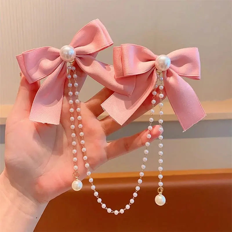 Sweet Princess Style Pink Pearls Chain Bow Hair Clip - Image 6