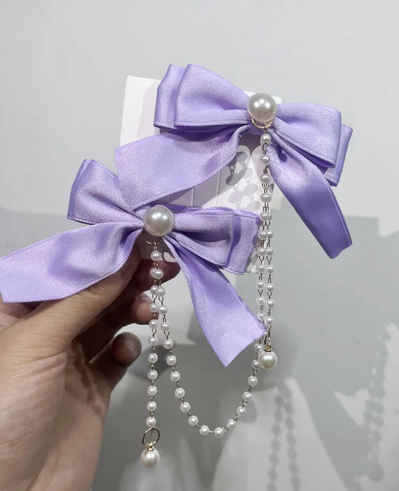Sweet Princess Style Pink Pearls Chain Bow Hair Clip - Image 10