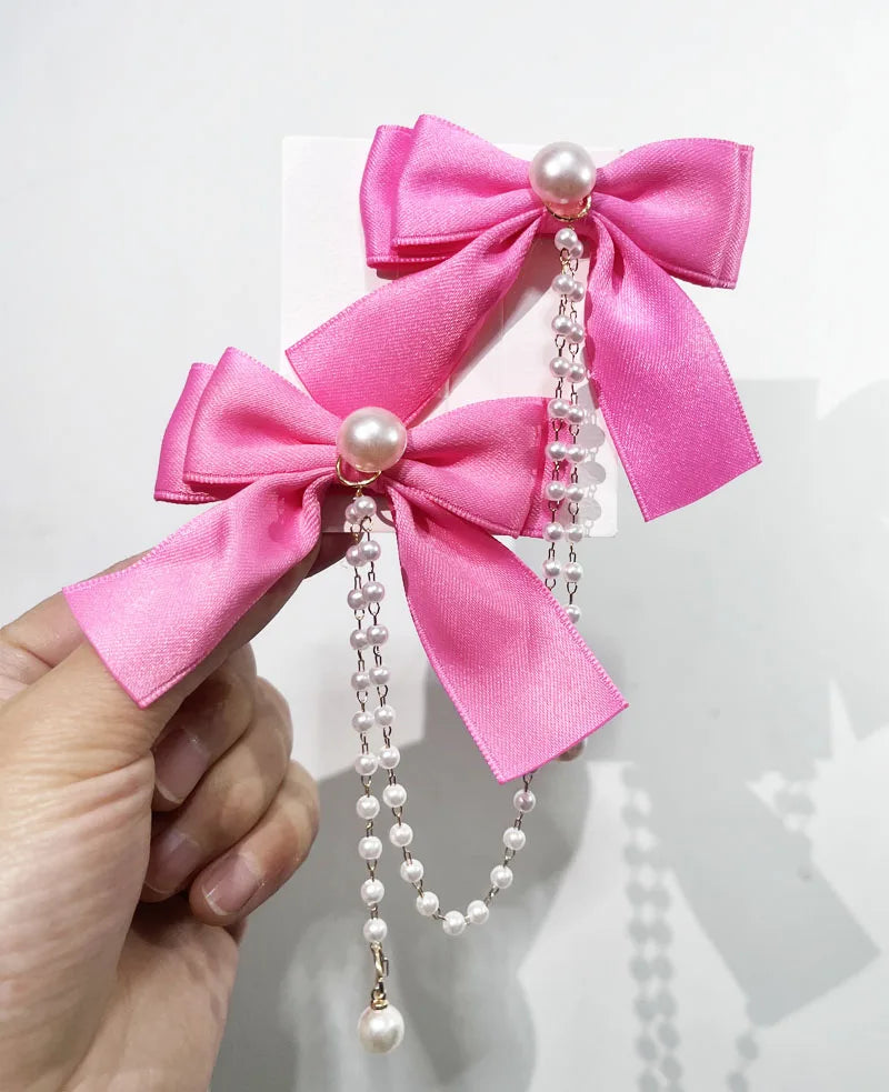 Sweet Princess Style Pink Pearls Chain Bow Hair Clip - Image 13