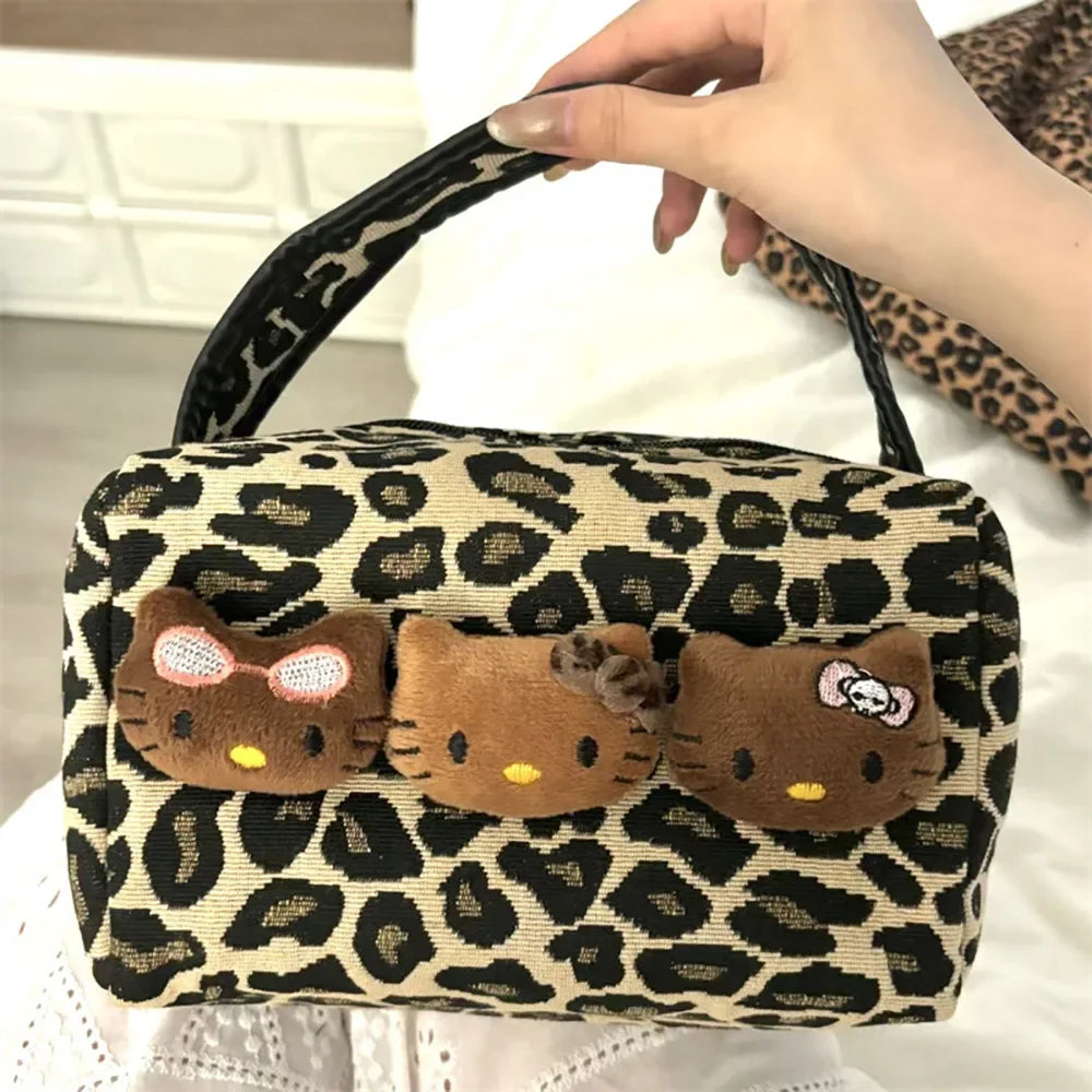 Sanrio Kawaii Hello Kitty Leopard Cosmetic Bag – Fashionable Handbag - Image 3