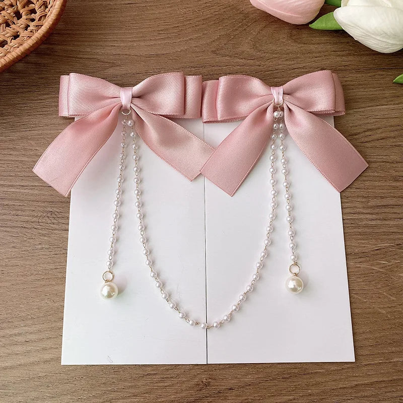 Sweet Princess Style Pink Pearls Chain Bow Hair Clip - Image 8