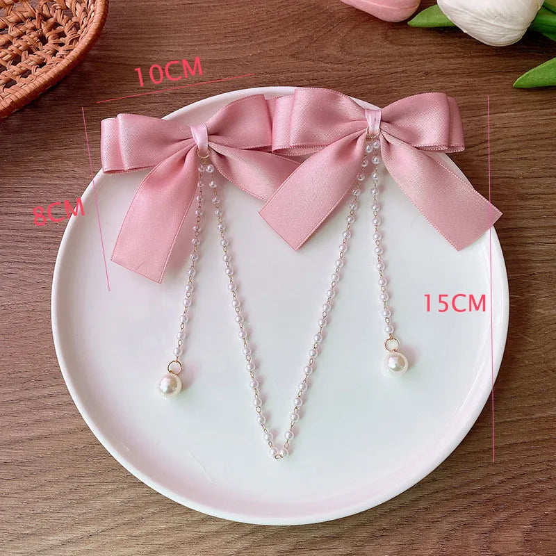 Sweet Princess Style Pink Pearls Chain Bow Hair Clip - Image 3