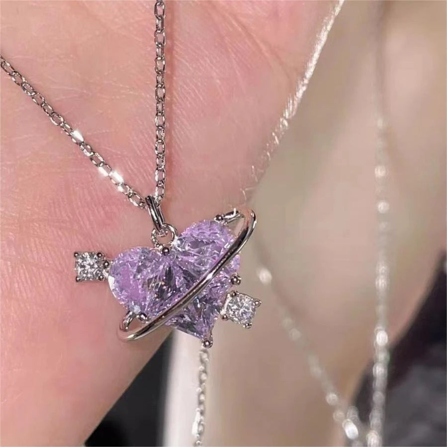 Y2K Pink Planet Heart Zircon Pendant Necklace - Image 10